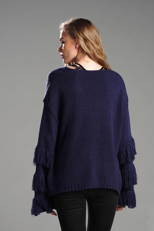 RadyRin Fluffy Cable Knit Sweater with Stylish Tassels