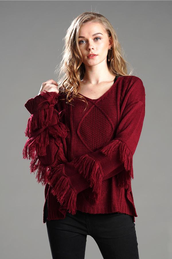 RadyRin Fluffy Cable Knit Sweater with Stylish Tassels