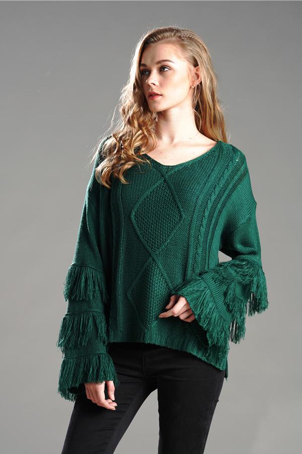 RadyRin Fluffy Cable Knit Sweater with Stylish Tassels