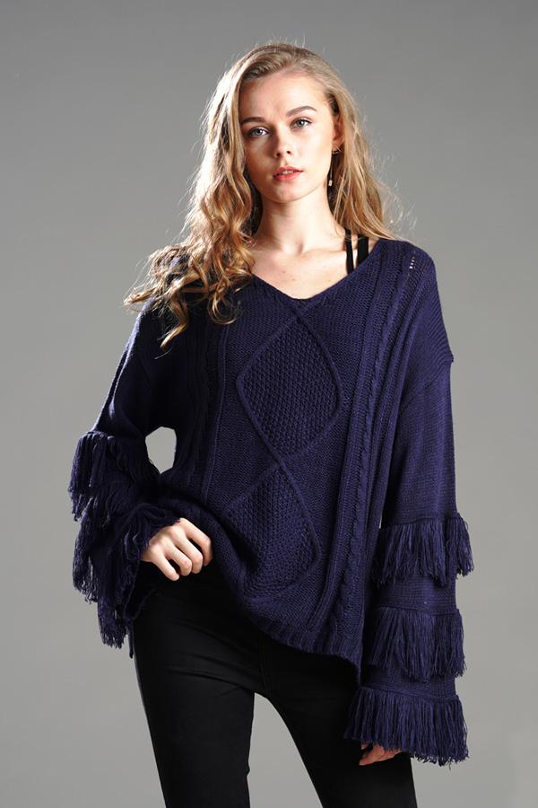 RadyRin Fluffy Cable Knit Sweater with Stylish Tassels