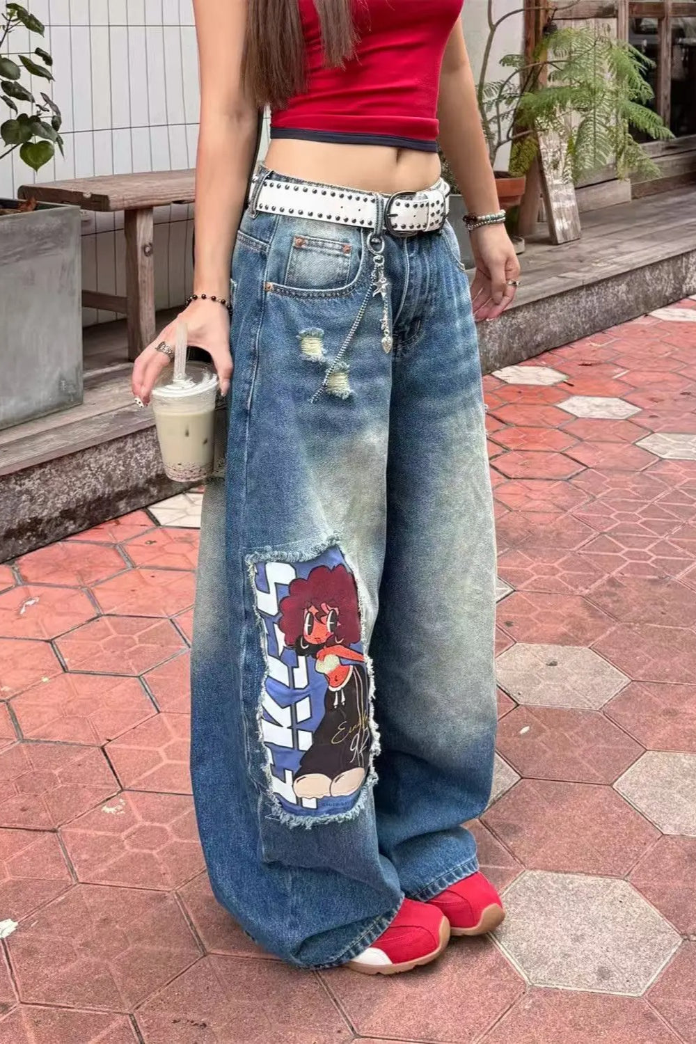 Loose Fit Cartoon Patch Wide Leg Jeans