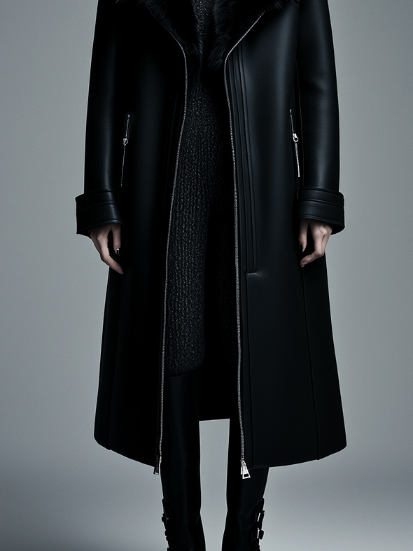 Women Fur Trim Warm Lined Hooded Faux Leather Trench Coat - Fashionpara