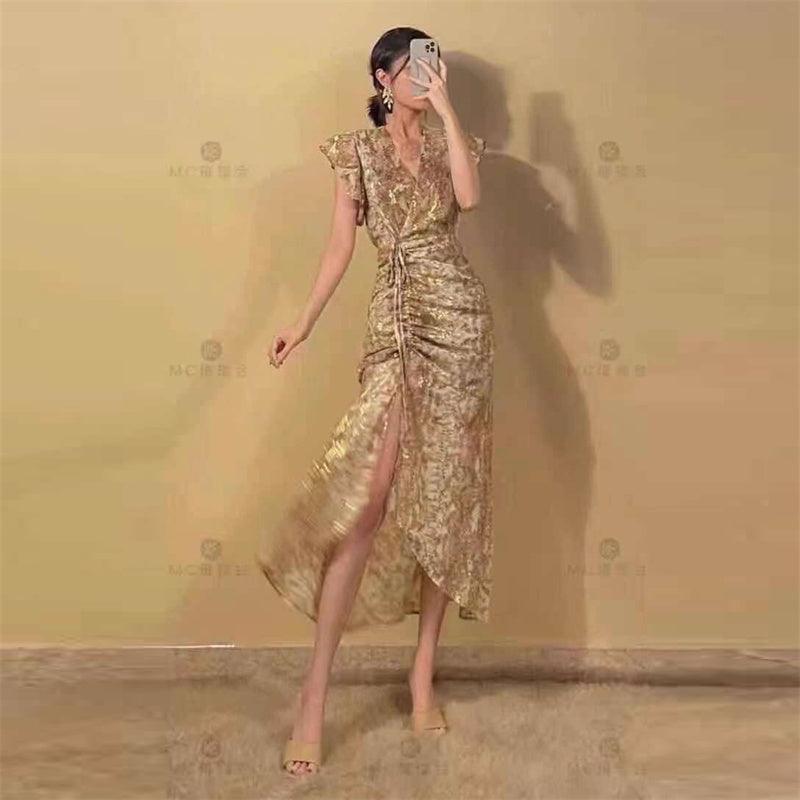 Floral Print V-Neck Flutter Sleeve Ruched Maxi Dress