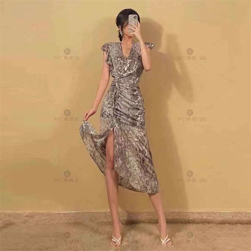 Floral Print V-Neck Flutter Sleeve Ruched Maxi Dress
