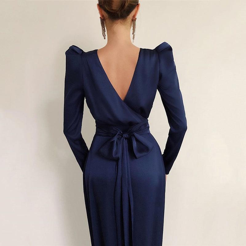 Satin Long Sleeve Ruched High Slit Maxi Dress