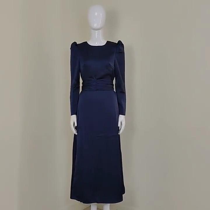 Satin Long Sleeve Ruched High Slit Maxi Dress