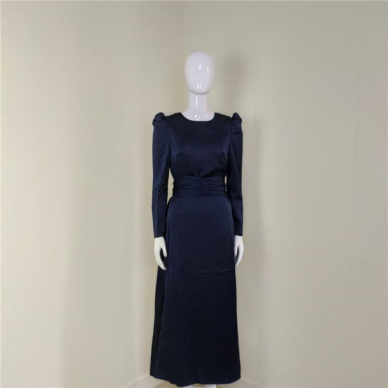 Satin Long Sleeve Ruched High Slit Maxi Dress