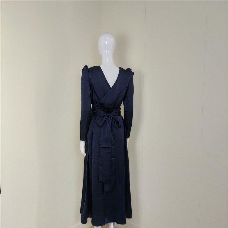 Satin Long Sleeve Ruched High Slit Maxi Dress