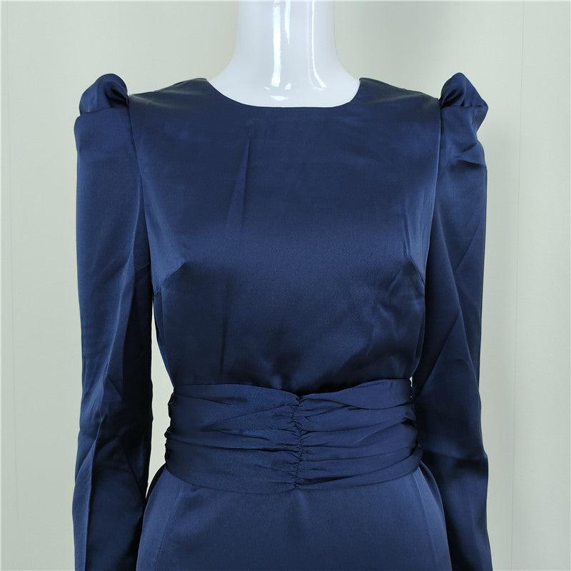 Satin Long Sleeve Ruched High Slit Maxi Dress