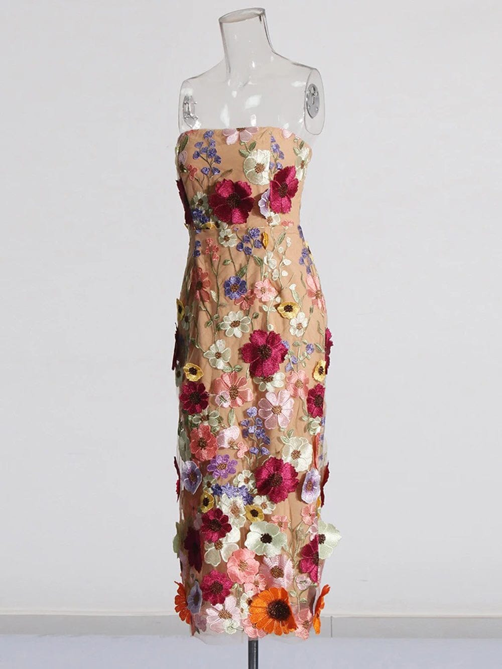 Strapless 3D Floral Applique Sheath Midi Dress - View 9