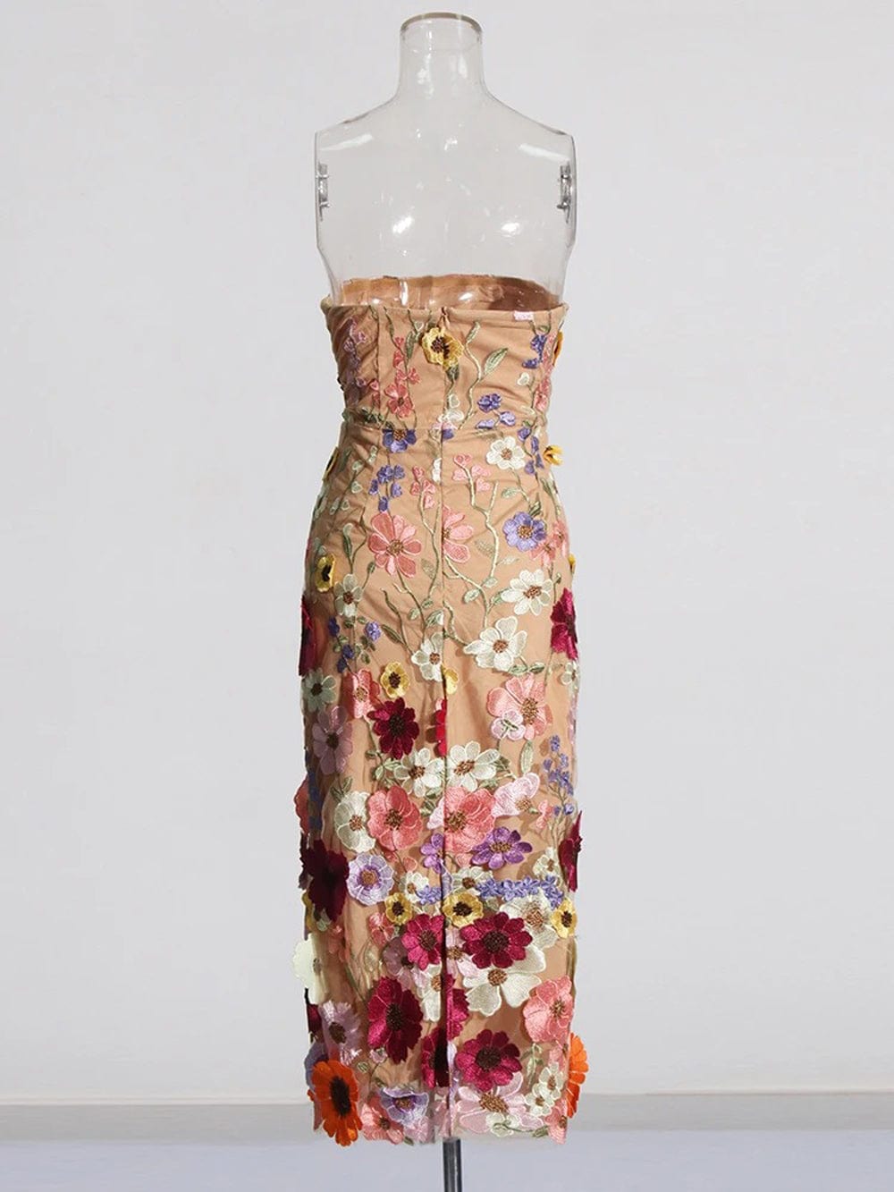 Strapless 3D Floral Applique Sheath Midi Dress - View 8