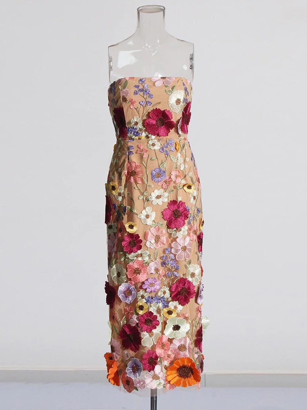 Strapless 3D Floral Applique Sheath Midi Dress - View 7