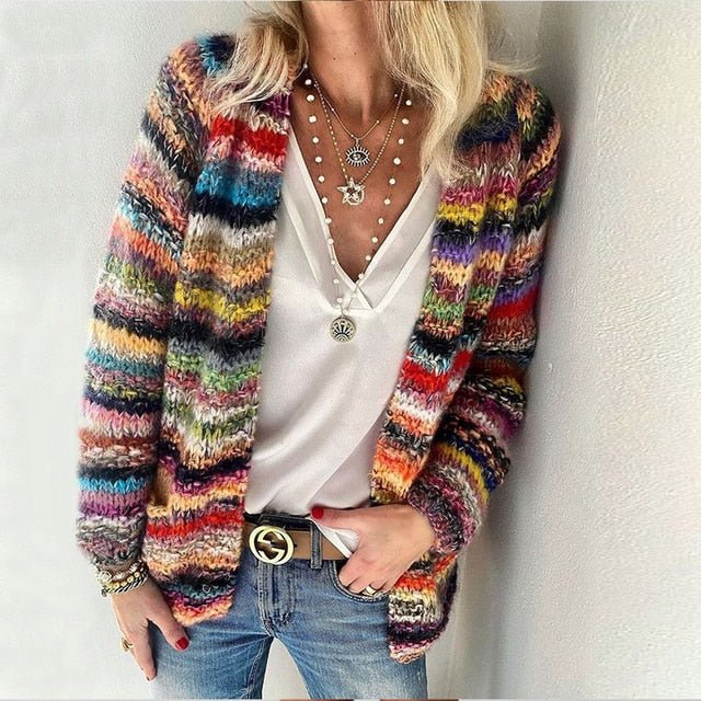 Striped Open Front Chunky Knit Cardigan