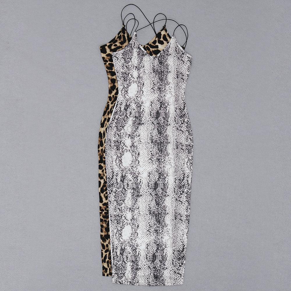 Leopard Print Spaghetti Strap Bodycon Midi Dress