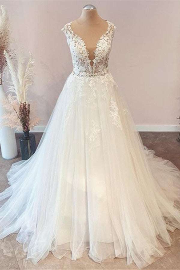 Cap Sleevels Princess Wedding Dress Lace Tulle Long - Fashionpara