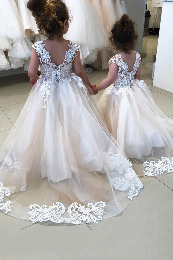 Cap Sleeves Appliques Flower Girl Dress - Fashionpara