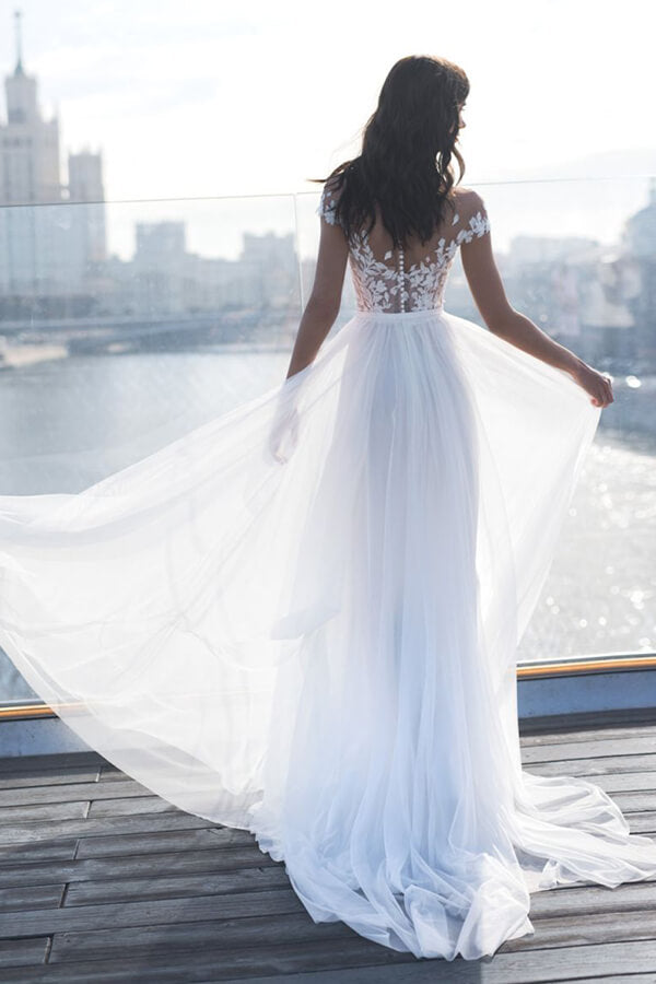 Cap Sleeves Appliques Wedding Dress Long With Split - Fashionpara