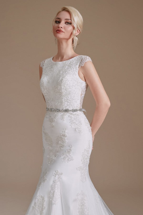 Cap Sleeves Mermaid Lace Wedding Dress Long - Fashionpara