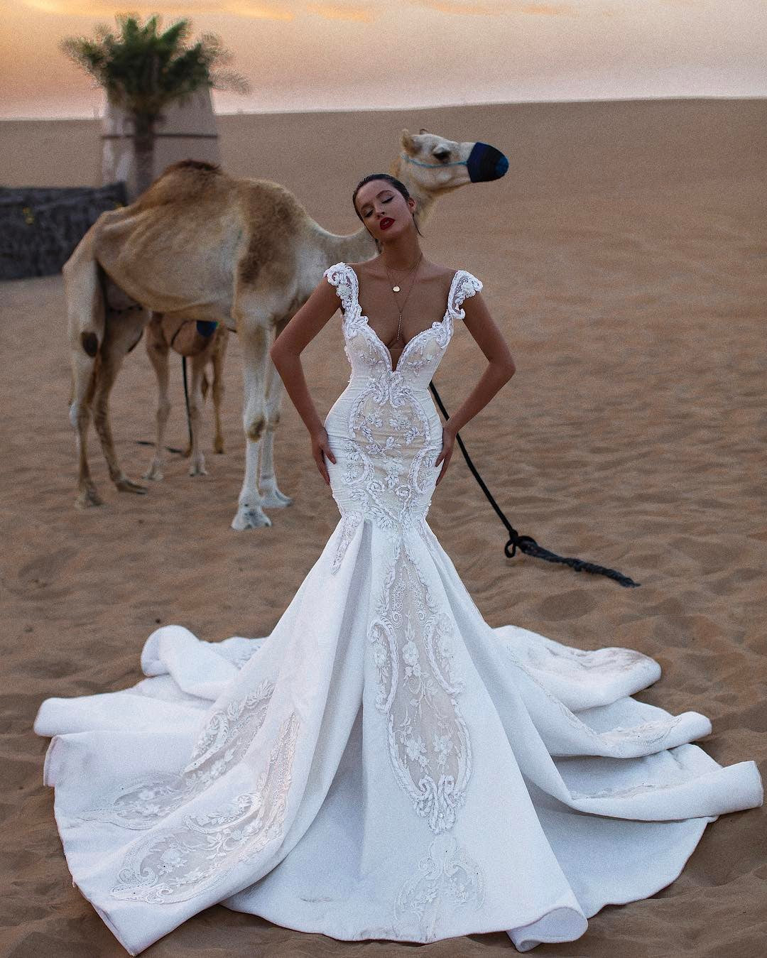 Cap Sleeves Mermaid Lace Wedding Dress V-Neck Long - Fashionpara