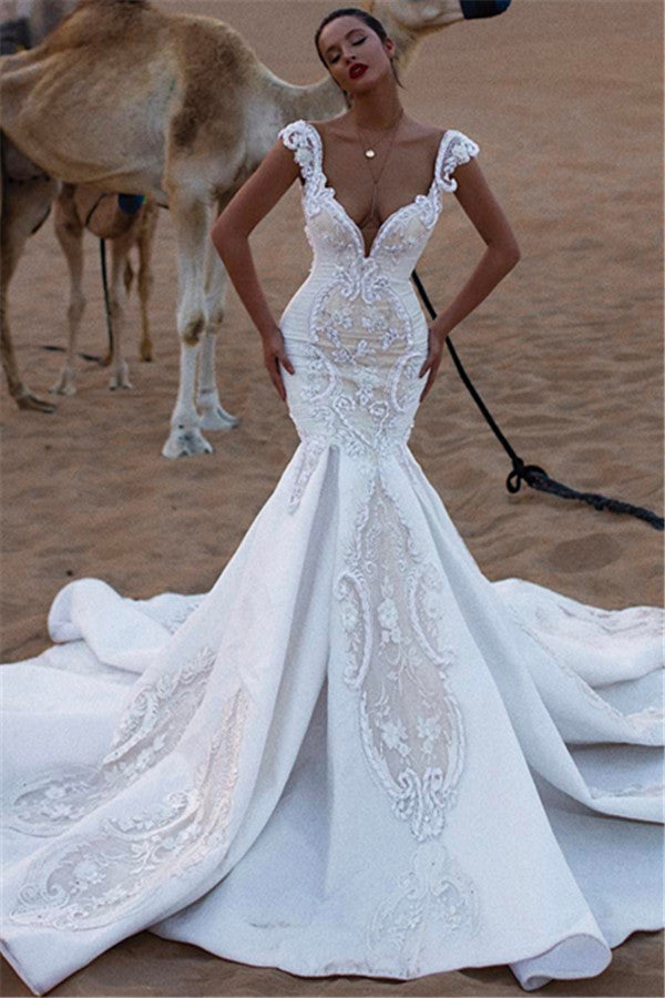Cap Sleeves Mermaid Lace Wedding Dress V-Neck Long - Fashionpara