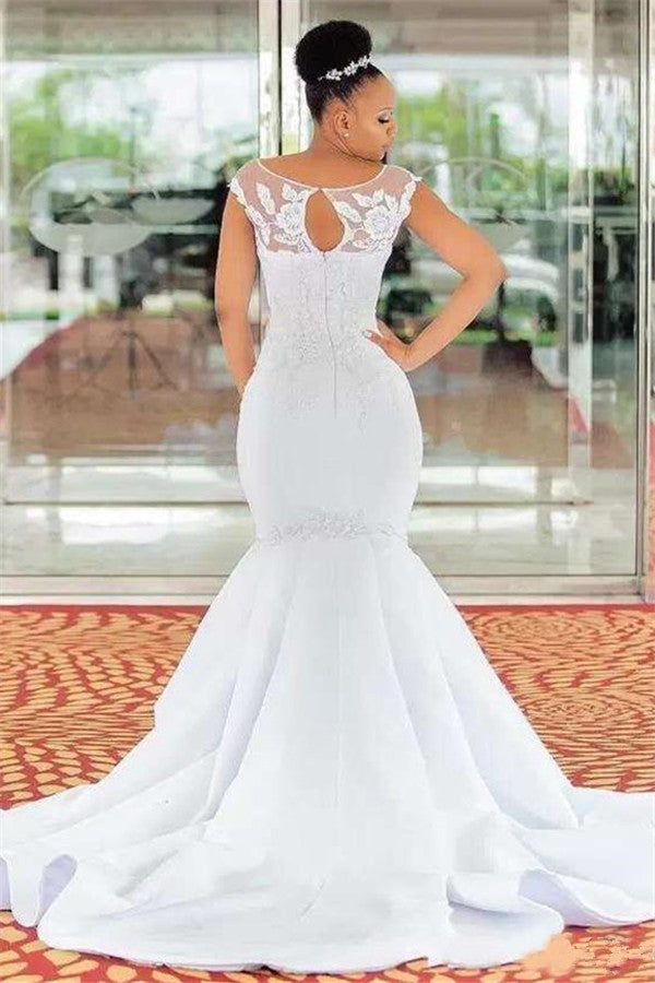 Cap Sleeves Mermaid Wedding Dress With Lace Appliques - Fashionpara