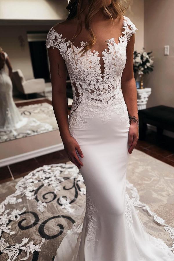Cap Sleeves Wedding Dresses Mermaid Long - Fashionpara