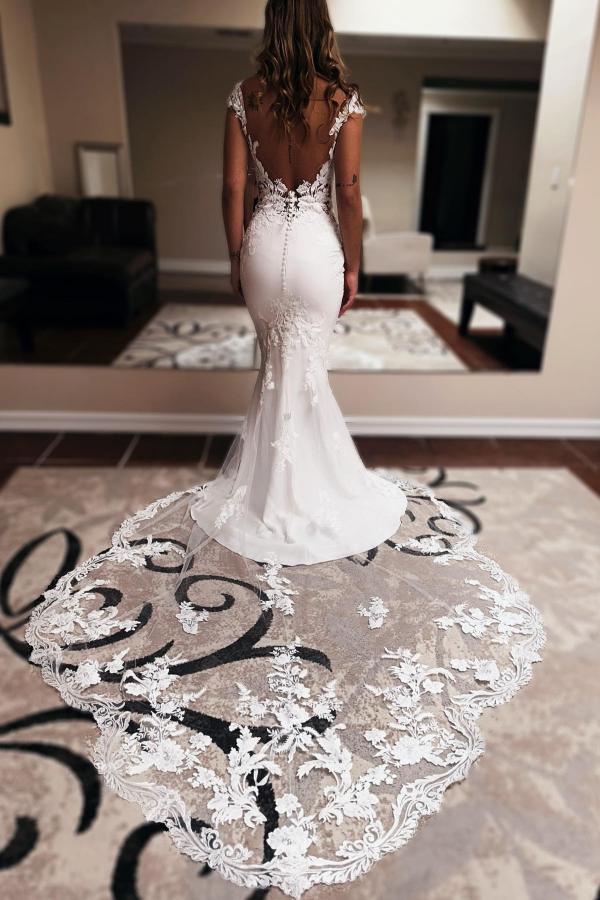 Cap Sleeves Wedding Dresses Mermaid Long - Fashionpara