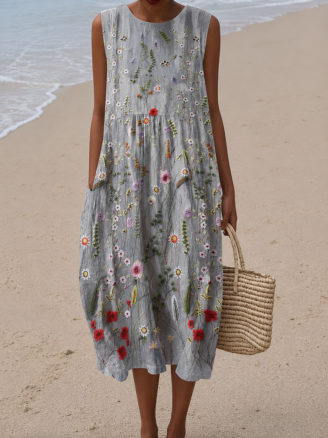 Crew Neck Sleeveless Wildflower Floral Pocket Midi Dress