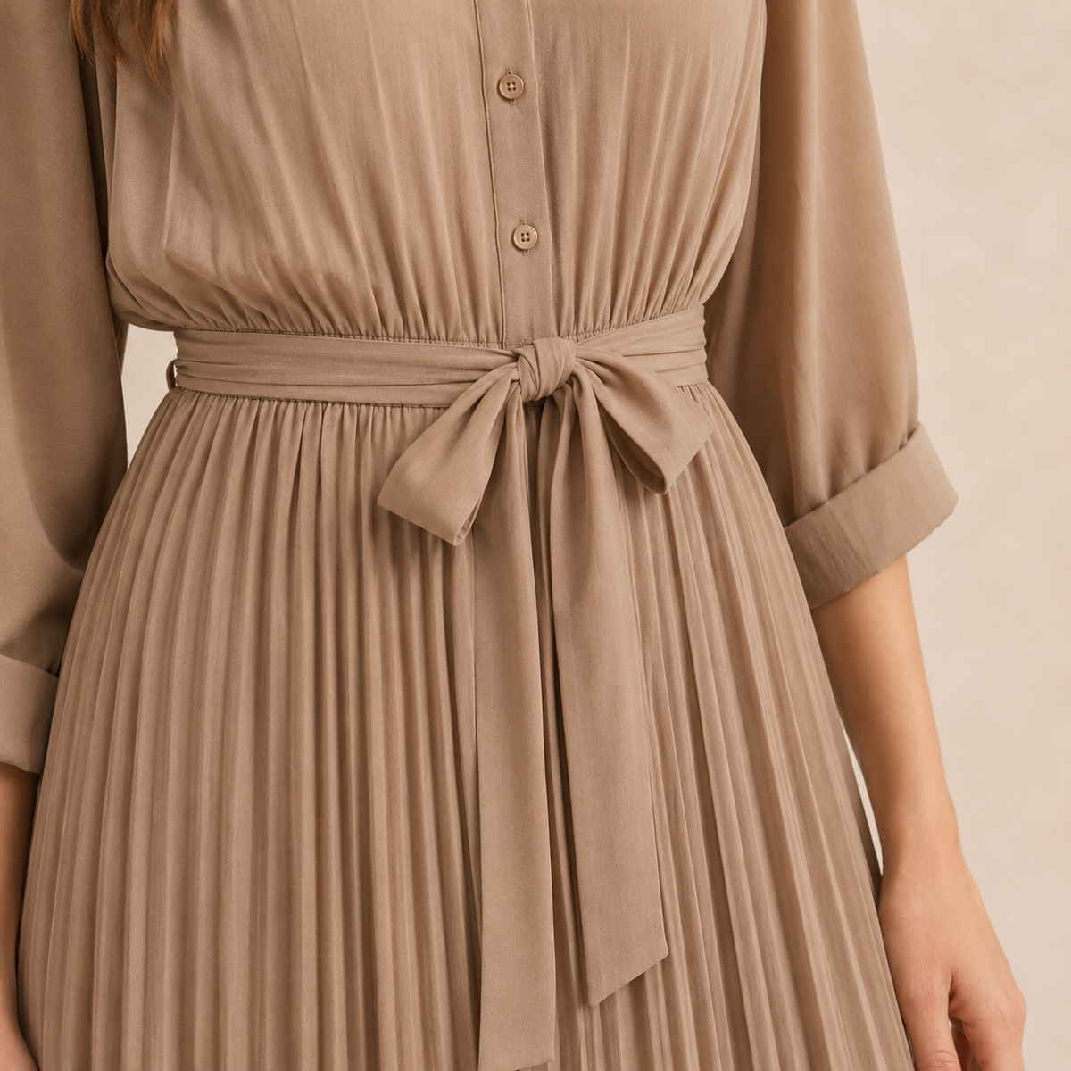 Band Collar Button Front Belted Pleated Shirt Maxi Dress 2