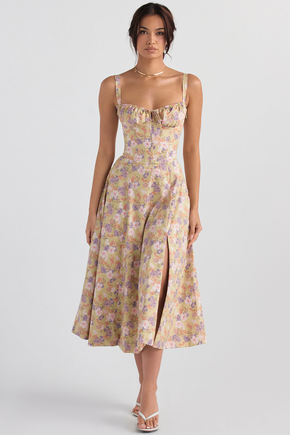 Floral Spaghetti Strap Ruched Fit and Flare Midi Dress - View 25