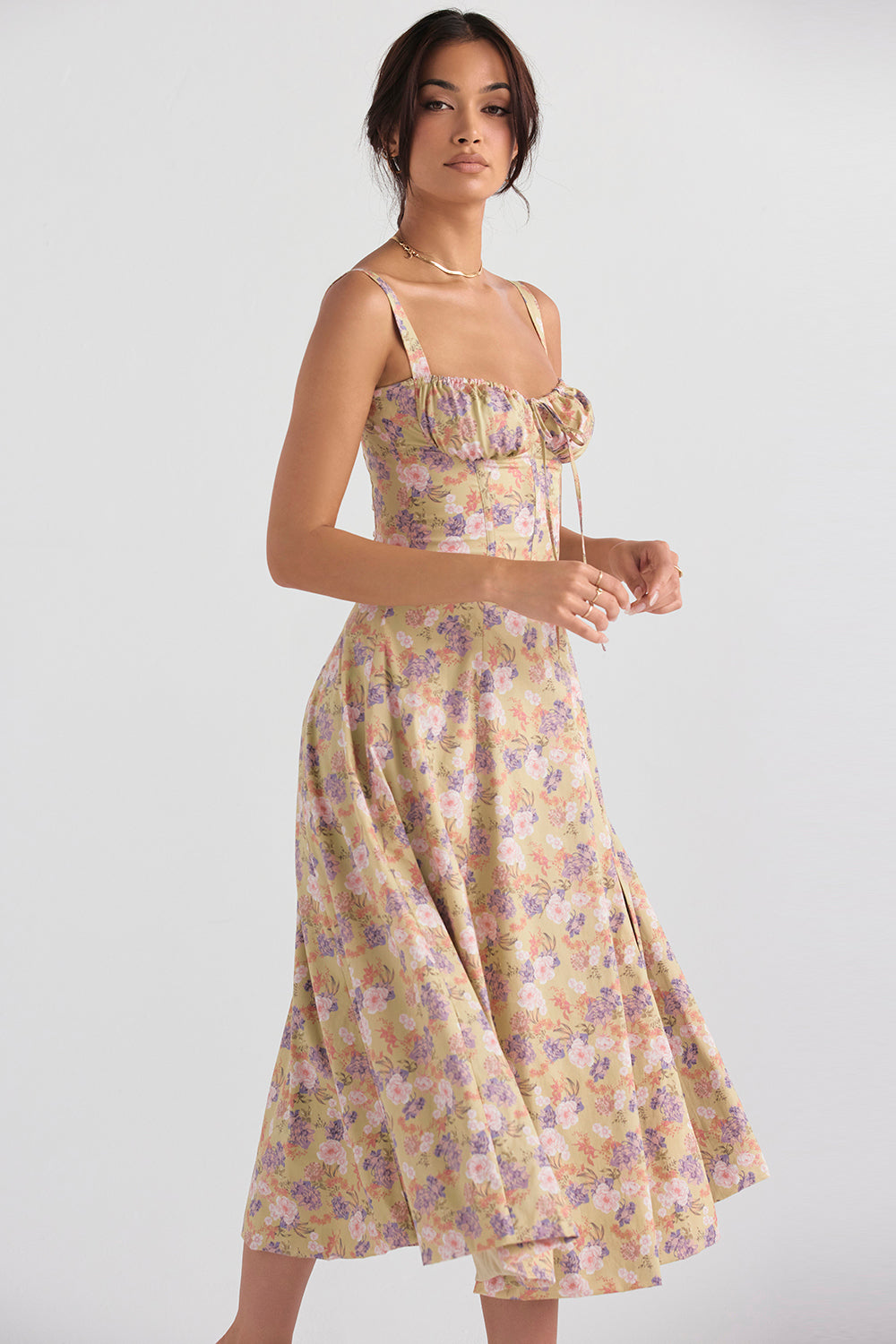 Floral Spaghetti Strap Ruched Fit and Flare Midi Dress - View 2