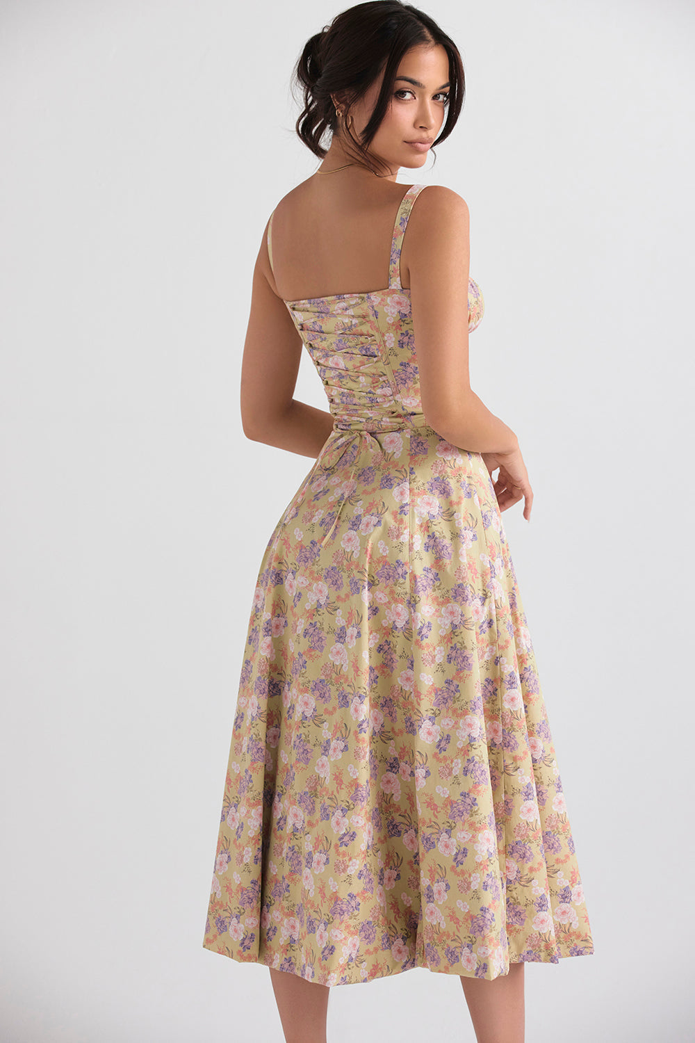 Floral Spaghetti Strap Ruched Fit and Flare Midi Dress
