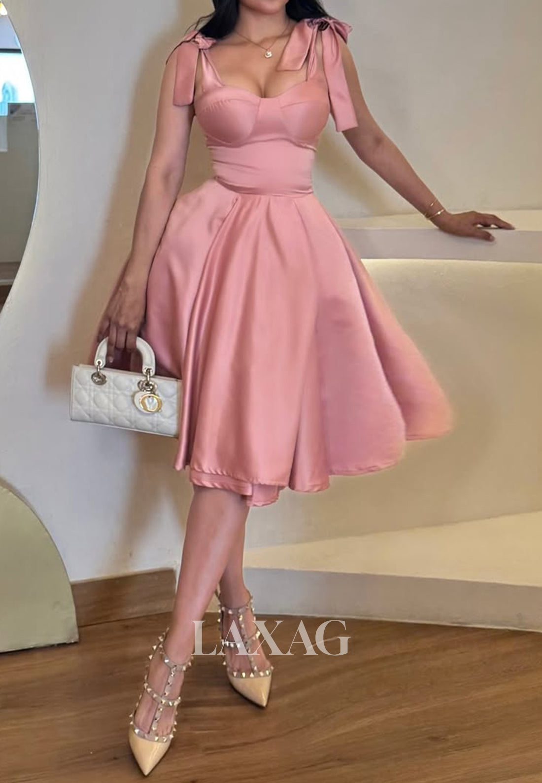 Sweetheart Bows-Straps Sleeveless Pleated Satin A-Line Party Homecoming Dress