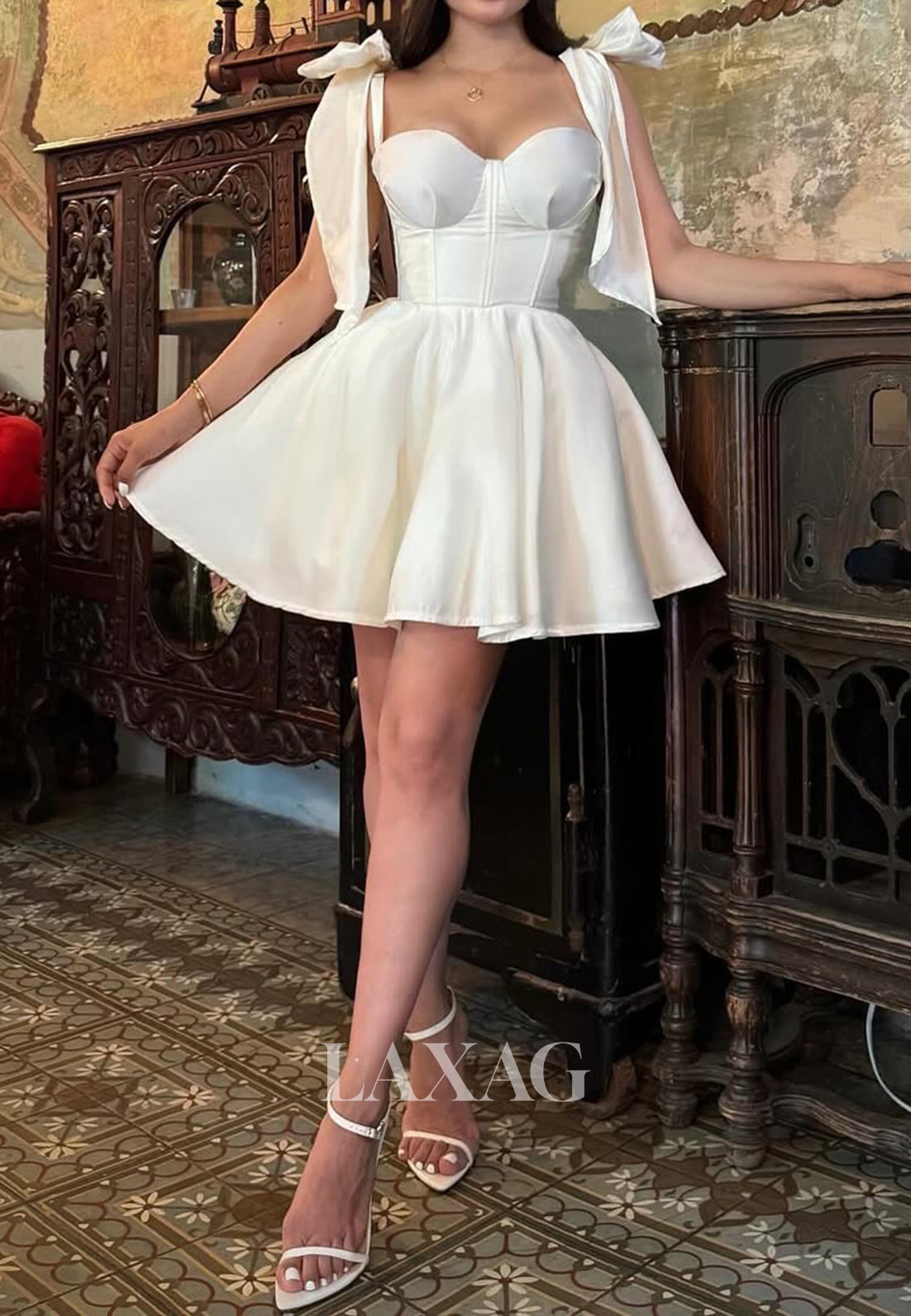 Sweetheart Bows-Straps Sleeveless Pleated Satin A-Line Party Homecoming Dress