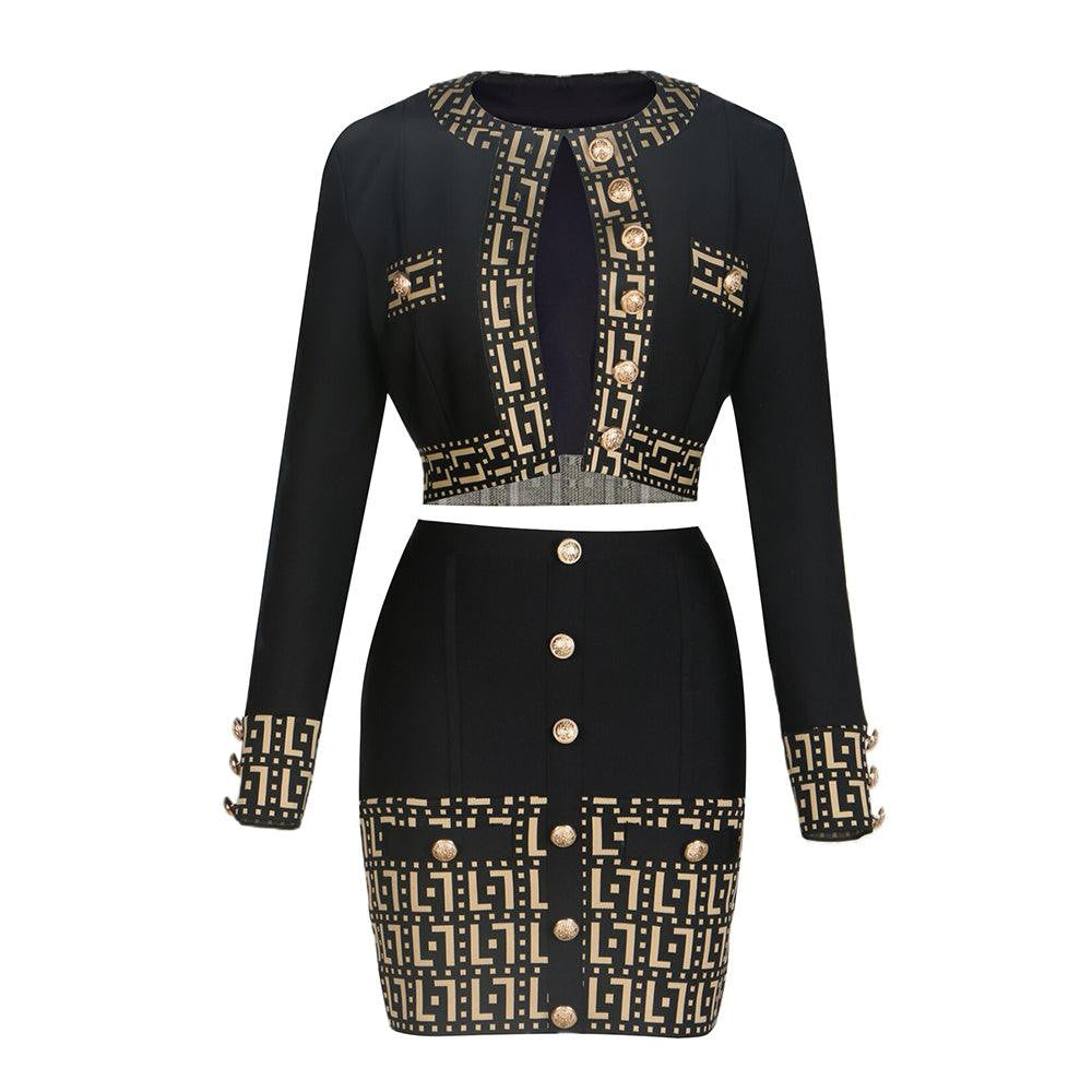 KittenAlarm - Casey Geometric Long Sleeve Skirt Sets