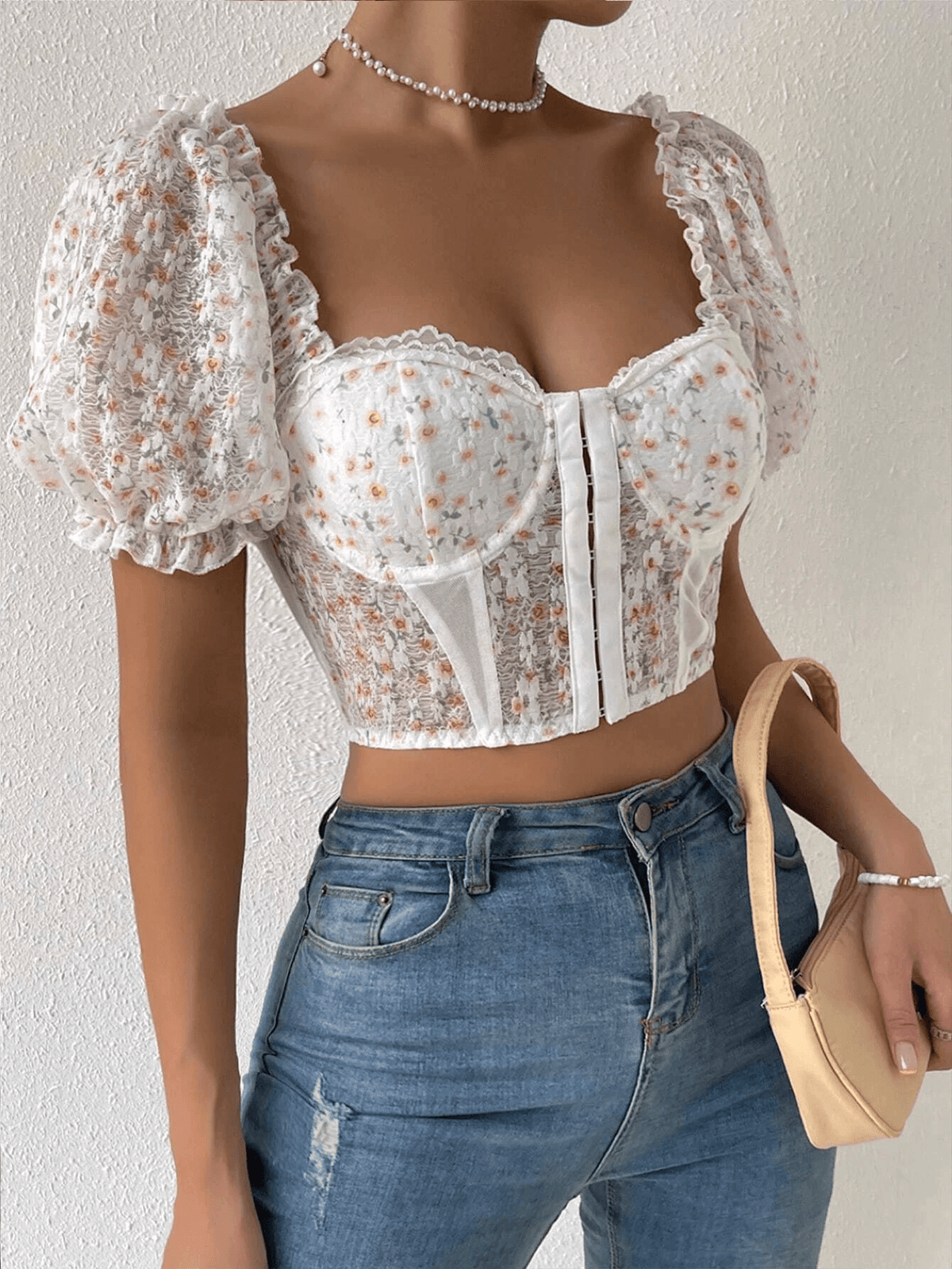 KittenAlarm - Cassie Sweetheart Floral Hook And Eye Crop Top
