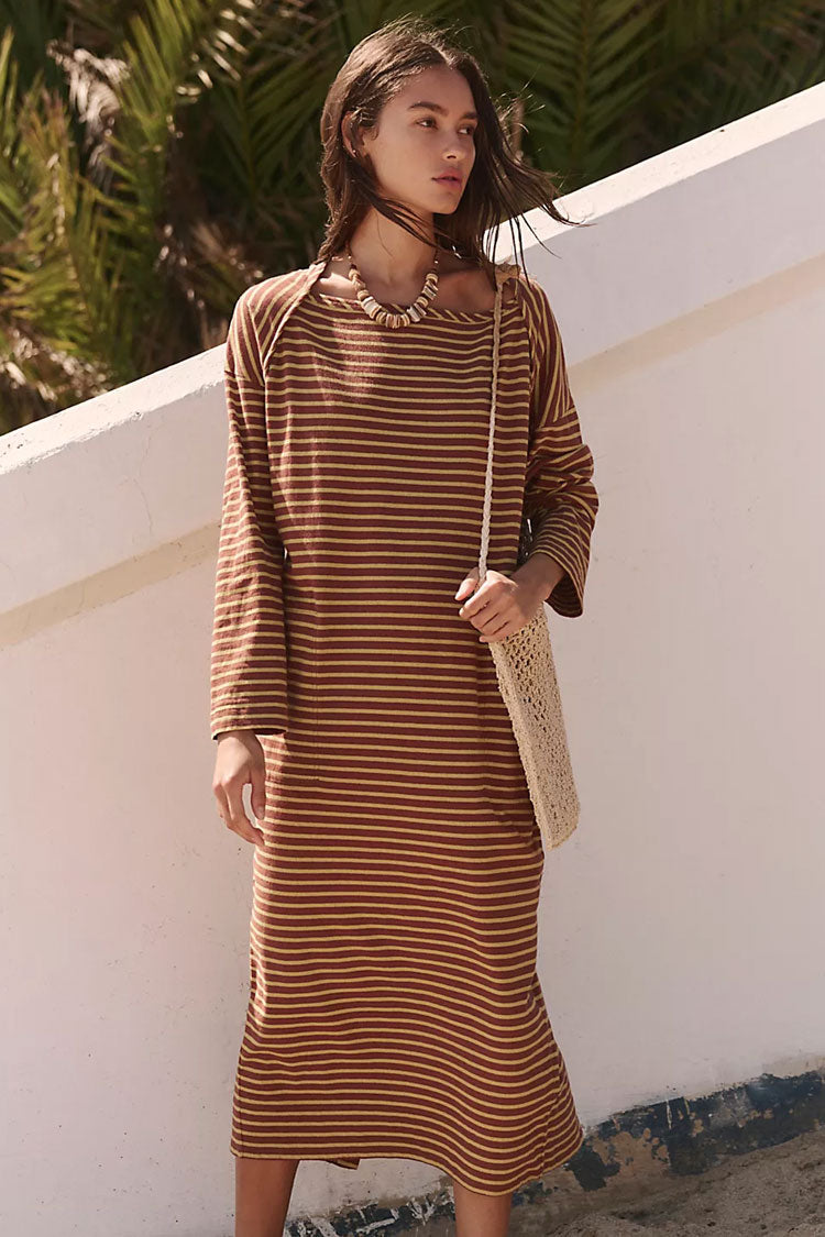 Casual Breton Striped Raglan Sleeve Oversized Summer Midi T Shirt Dress