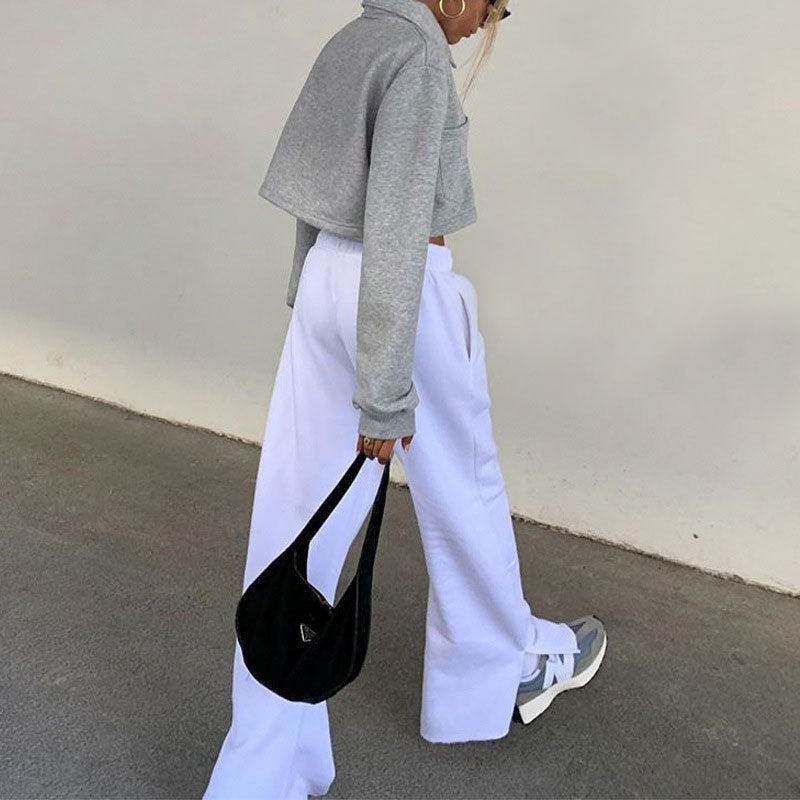 Casual High Waist Drawstring Side Slip Wide Leg Pants - White - Fashionpara