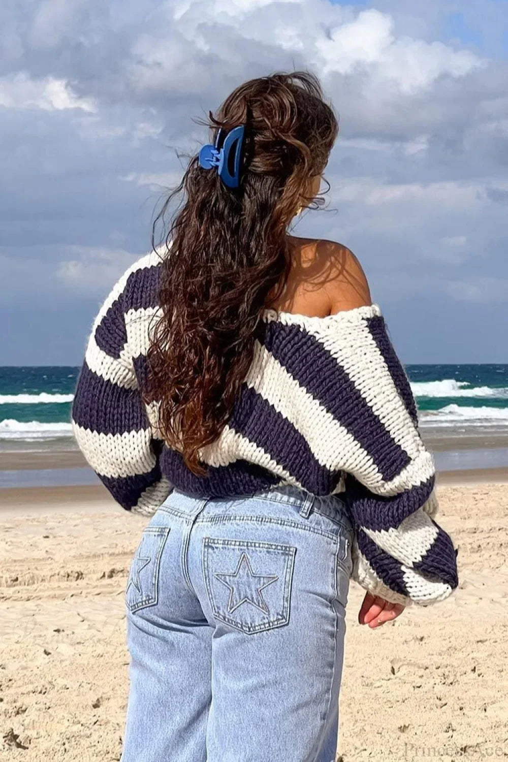 Casual Loose Off-Shoulder Striped Sweet Sweater