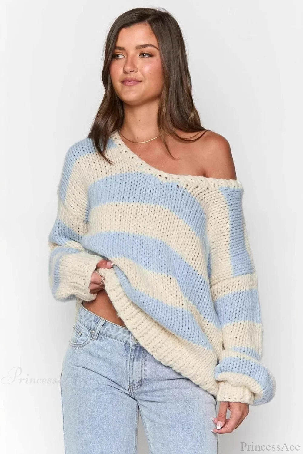 Casual Loose Off-Shoulder Striped Sweet Sweater