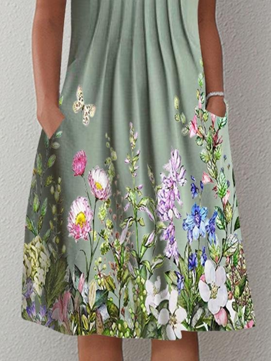 Casual Printed Floral Cutout V-Neck Dress