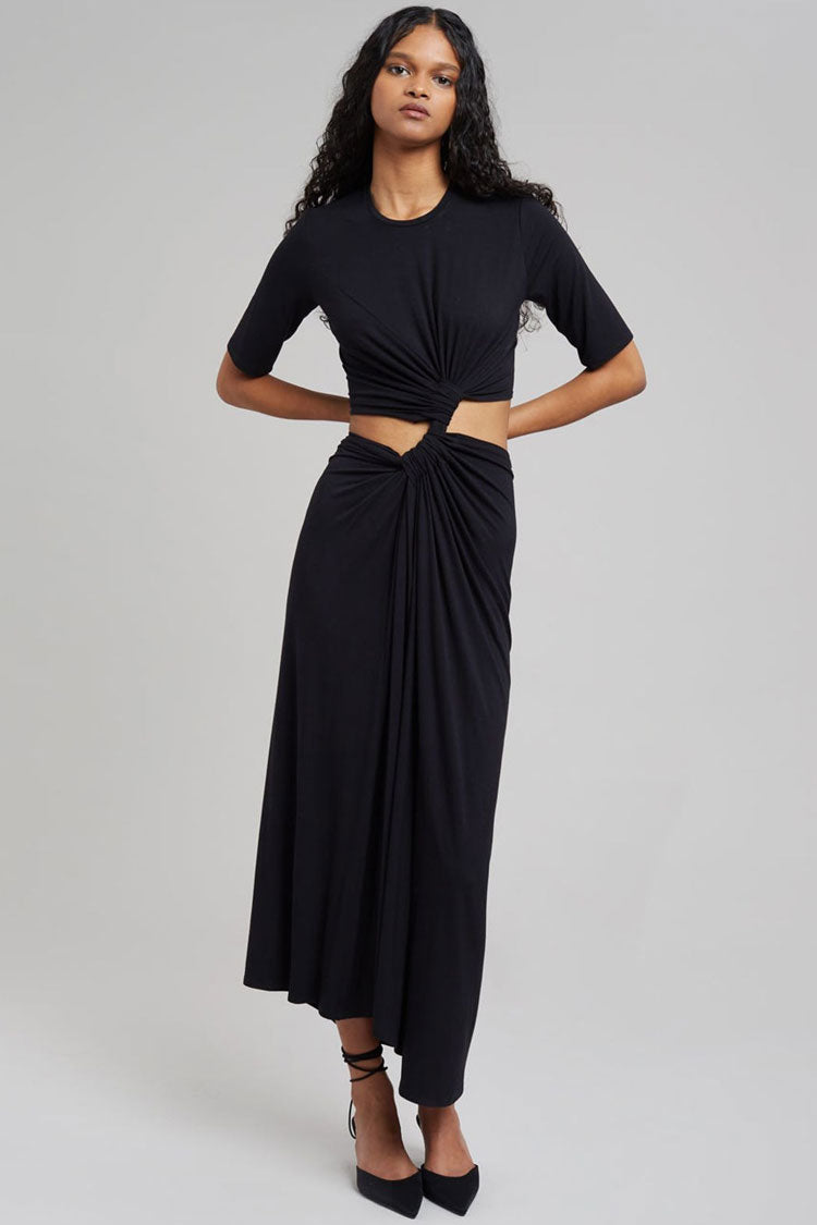 Casual Round Neck Short Sleeve Ruched Cutout Midi Dress - Black - Fashionpara