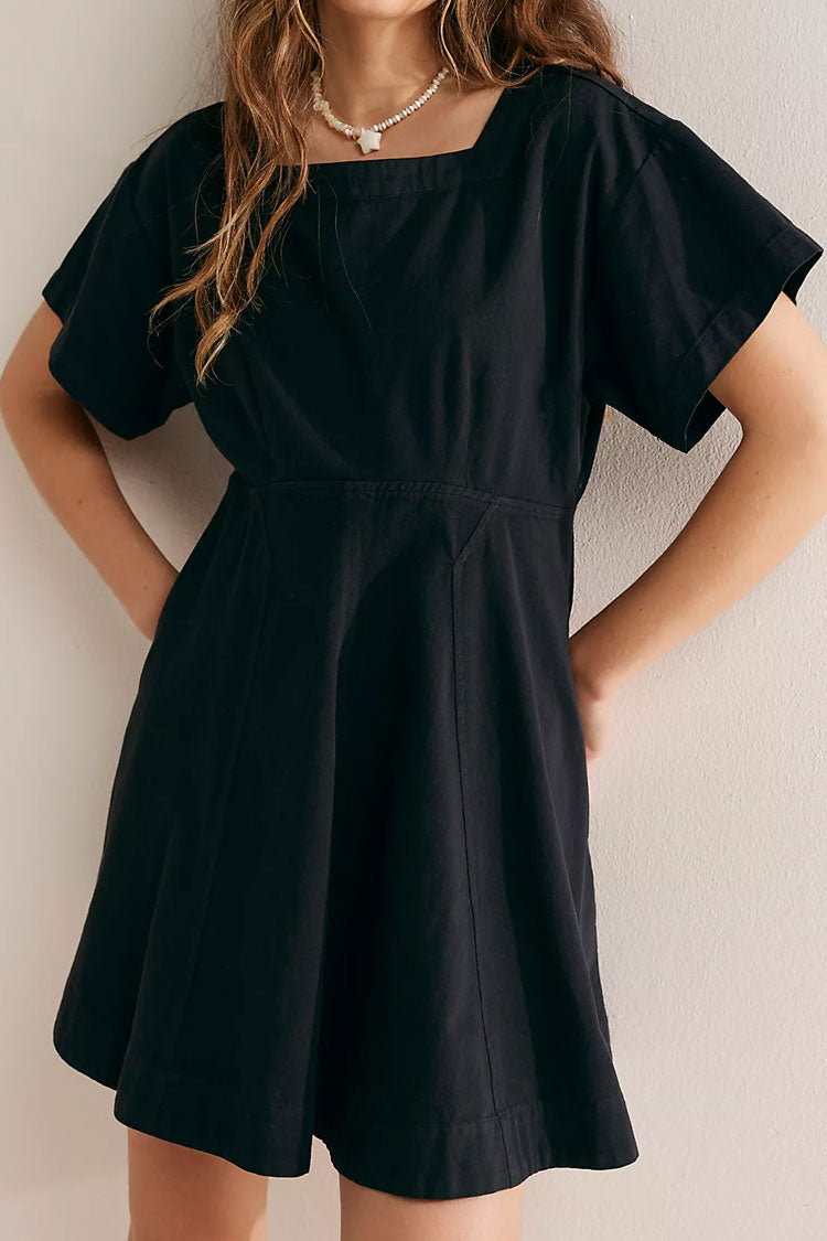 Casual Square Neck Short Sleeve Button Back Cutout Summer Mini Dress