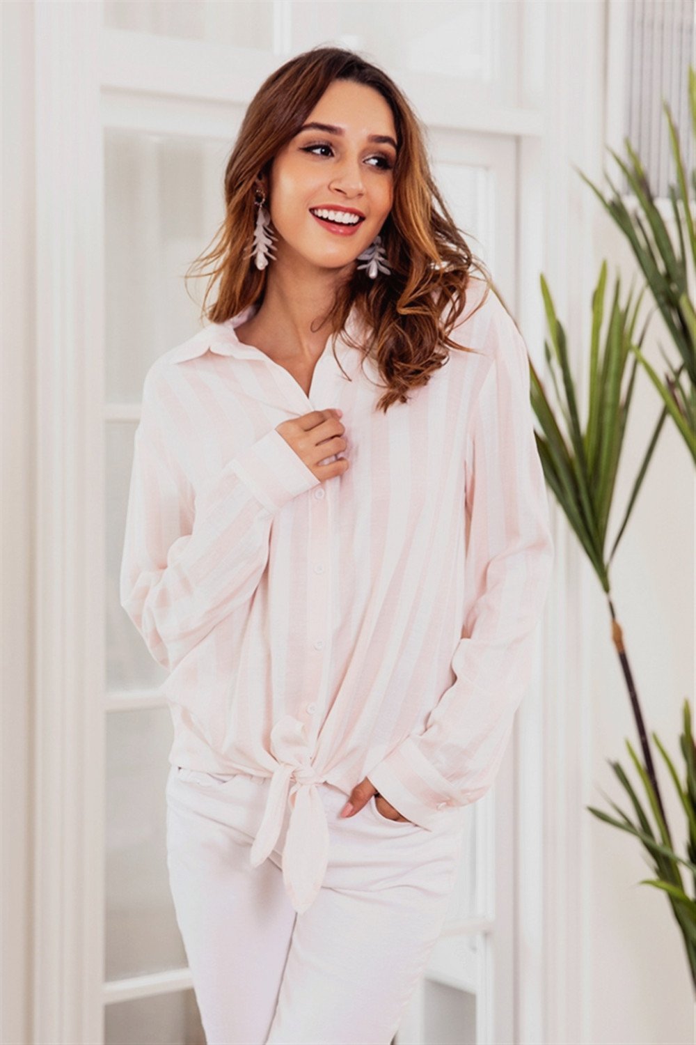 Casual Striped Front Knot Shirt