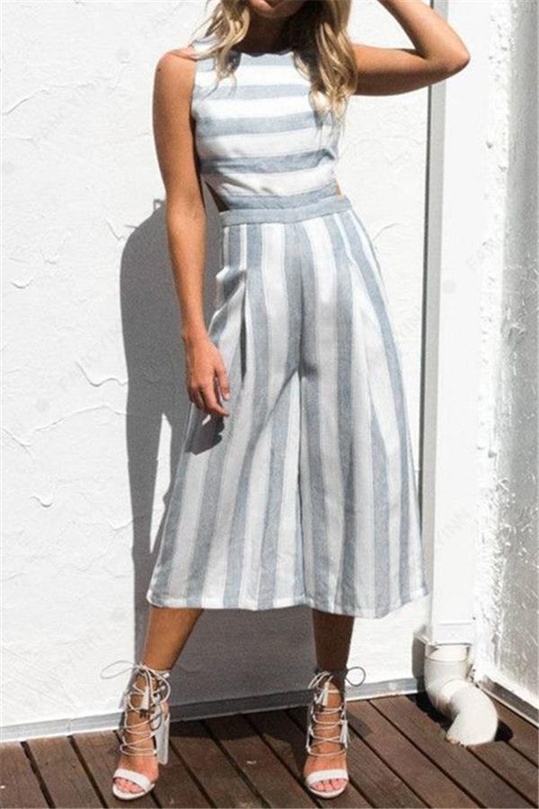 Casual Striped Wide Leg Jumpsuit - Fashionpara