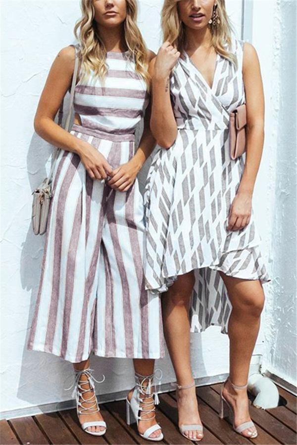 Casual Striped Wide Leg Jumpsuit - Fashionpara