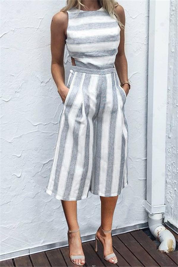 Casual Striped Wide Leg Jumpsuit - Fashionpara
