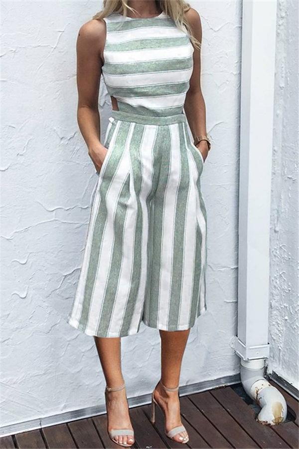 Casual Striped Wide Leg Jumpsuit - Fashionpara