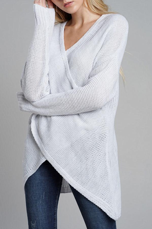 RadyRin Light Gray V Neck Front Cross Weekend Sweater