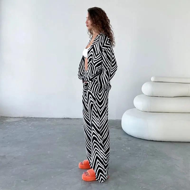 Casual Zigzag Pattern Collared Button Up Wide Leg Pants Matching Set - Black  Fashionpara